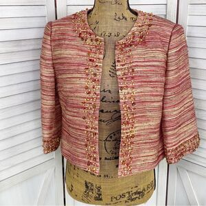 Victor Costa Tweed Bead Detail Crop Blazer Jacket Pink Red Cream 6